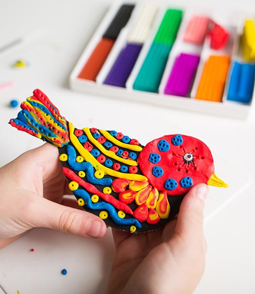 plasticine craft for kids. clay bird. childrens art and creative.